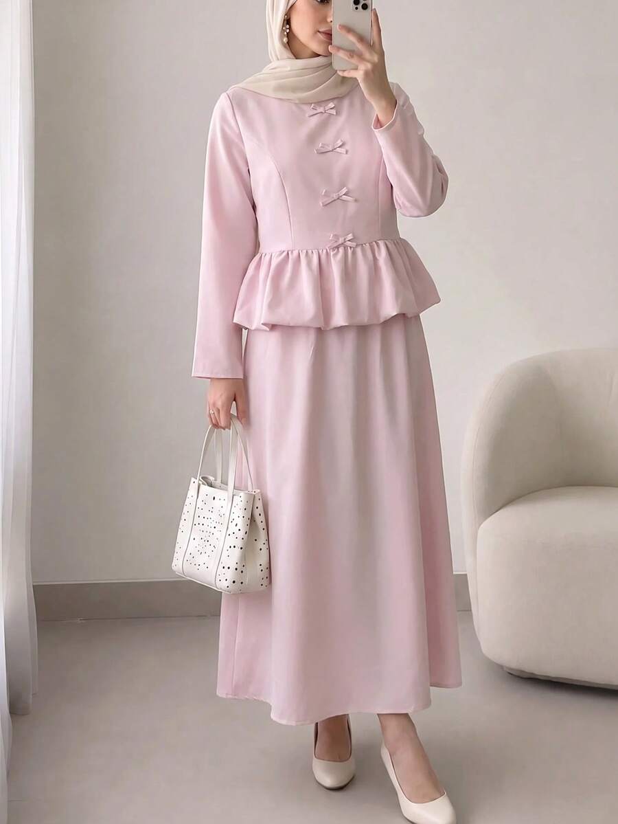 Solavon Women's Bow Decor Ruffle Hem Top And Long Skirt Arabic Costume Set - Baby Pink - View 1
