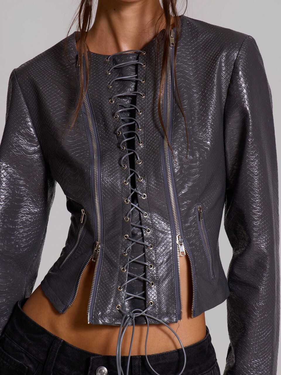 Grey Croc PU Lace Up Fitted Jacket