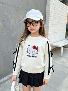 HELLO KITTY AND FRIENDS | SHEIN GraphicGems 女童V領刺繡上衣設計蝴蝶結黑色米色針織毛衣 女孩服飾 舒適柔軟 運動風 百搭多功能 甜美可愛 休閒簡約 日常穿著 適合秋冬旅行出遊派對戶外玩耍 - 杏色 - 查看 8