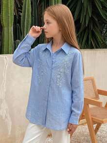 Hapijoa Casual Lapel Pattern Loose Long Sleeve Autumn Girls (Big) Shirt - Blue - View 4
