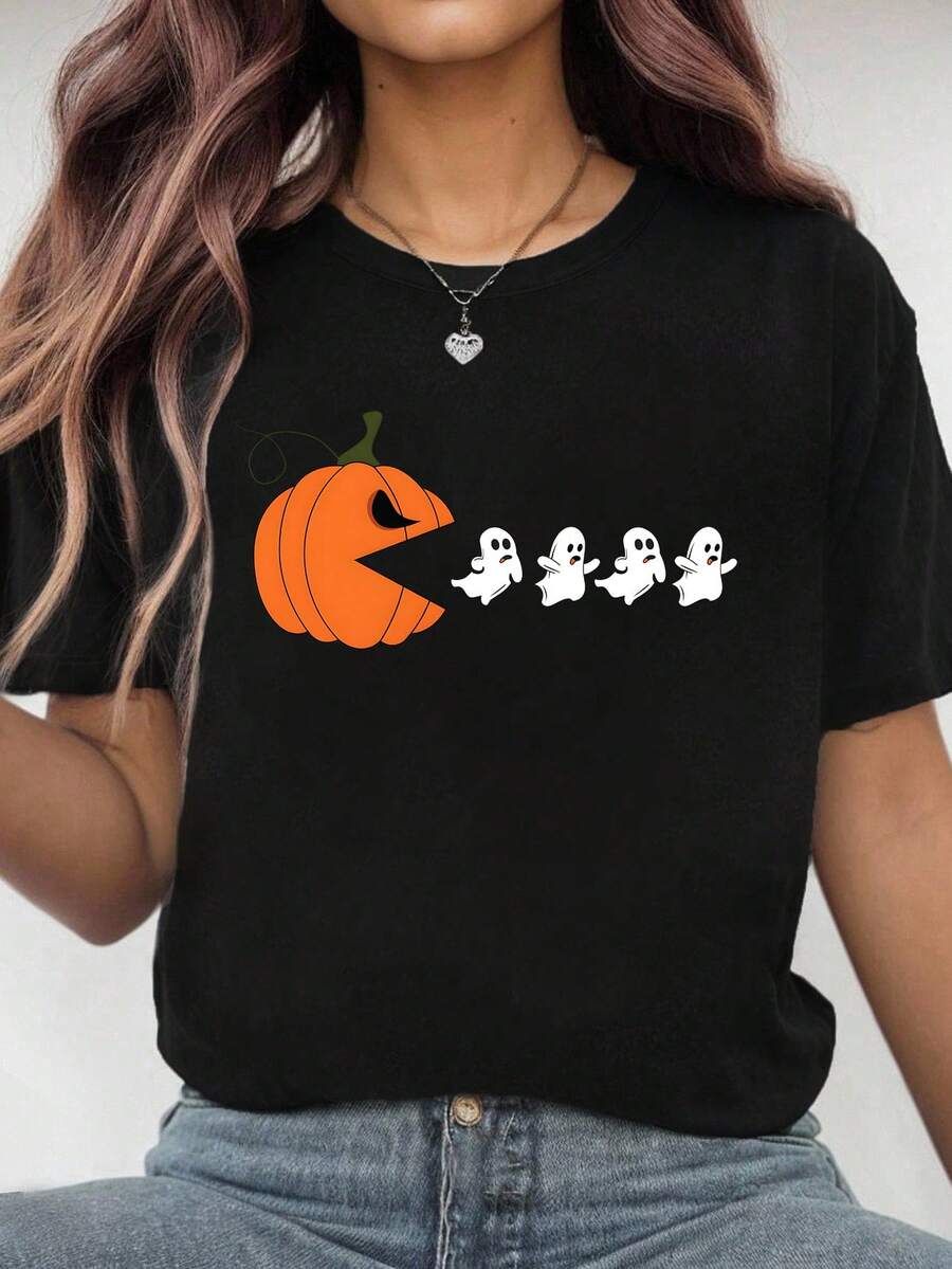 EMERY ROSE Plus Size Funny Halloween T-Shirt,Pumpkin Eating Ghosts - Black - View 1