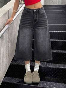 Teen Girls Blue Denim Loose Wide Leg Pants - Black - View 1