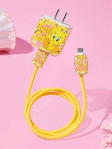 LOONEY TUNES X SHEIN 數據線保護套，適用於 iPhone 充電器，4 件組手機線材保護套，充電器保護套（不含數據線） - 黃色 - 查看 2