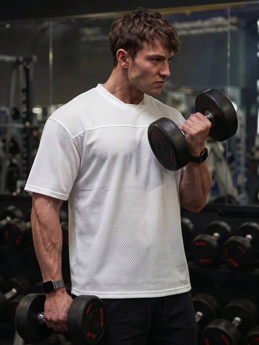 GymBeat 男士純色短袖休閒健身運動T恤，健身房、足球運動，白色 - 白色 - 查看 1