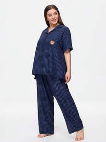 Bonmuse Summer Cute Plaid Print Patch Pocket Bear Embroidery Pattern Front Button Short Sleeve Long Pants Women Plus Size Pajama Set Homewear Set - Multicolor - View 5