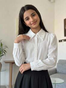 SHEIN 兒童青少年女孩秋冬休閒學院風精緻珠飾大領長袖鈕扣襯衫 白色兒童襯衫 返校季小學校服上衣 - 白色 - 查看 1