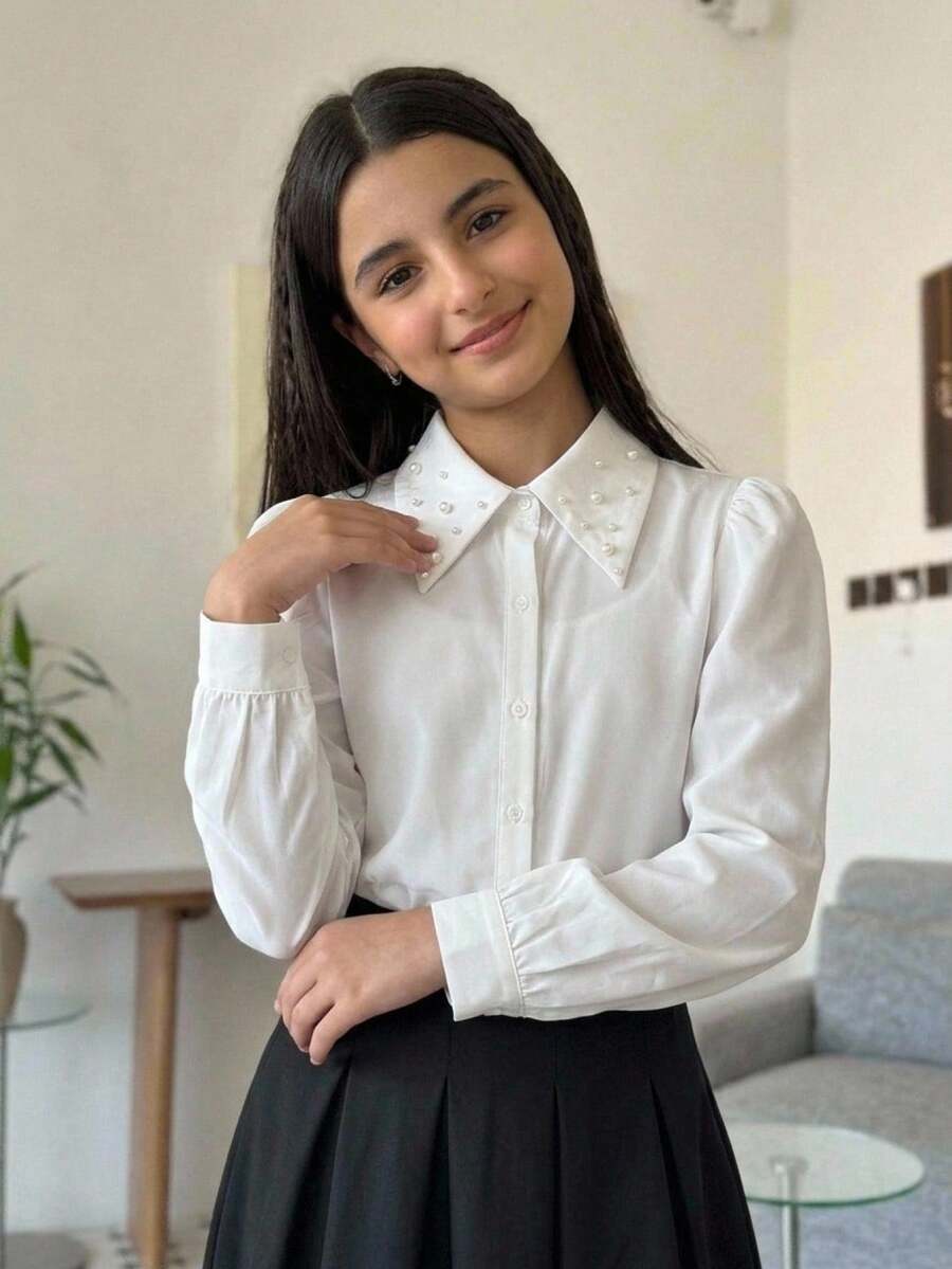 SHEIN 兒童青少年女孩秋冬休閒學院風精緻珠飾大領長袖鈕扣襯衫 白色兒童襯衫 返校季小學校服上衣 - 白色 - 查看 1