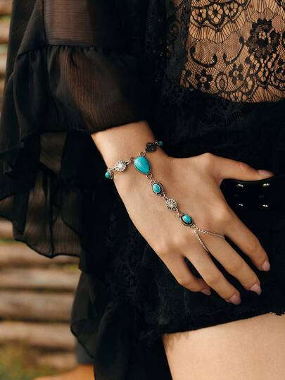 Nocturel 1 pieza Pulsera de aleación metálica geométrica estilo retro boho chic para mujer, diseño único decorado con piedra verde vintage en forma de gota y flor