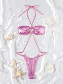 Swim SXY 女士性感镂空金属面料连体泳衣，优雅度假、派对、圣诞装 - 粉色 - 查看 1