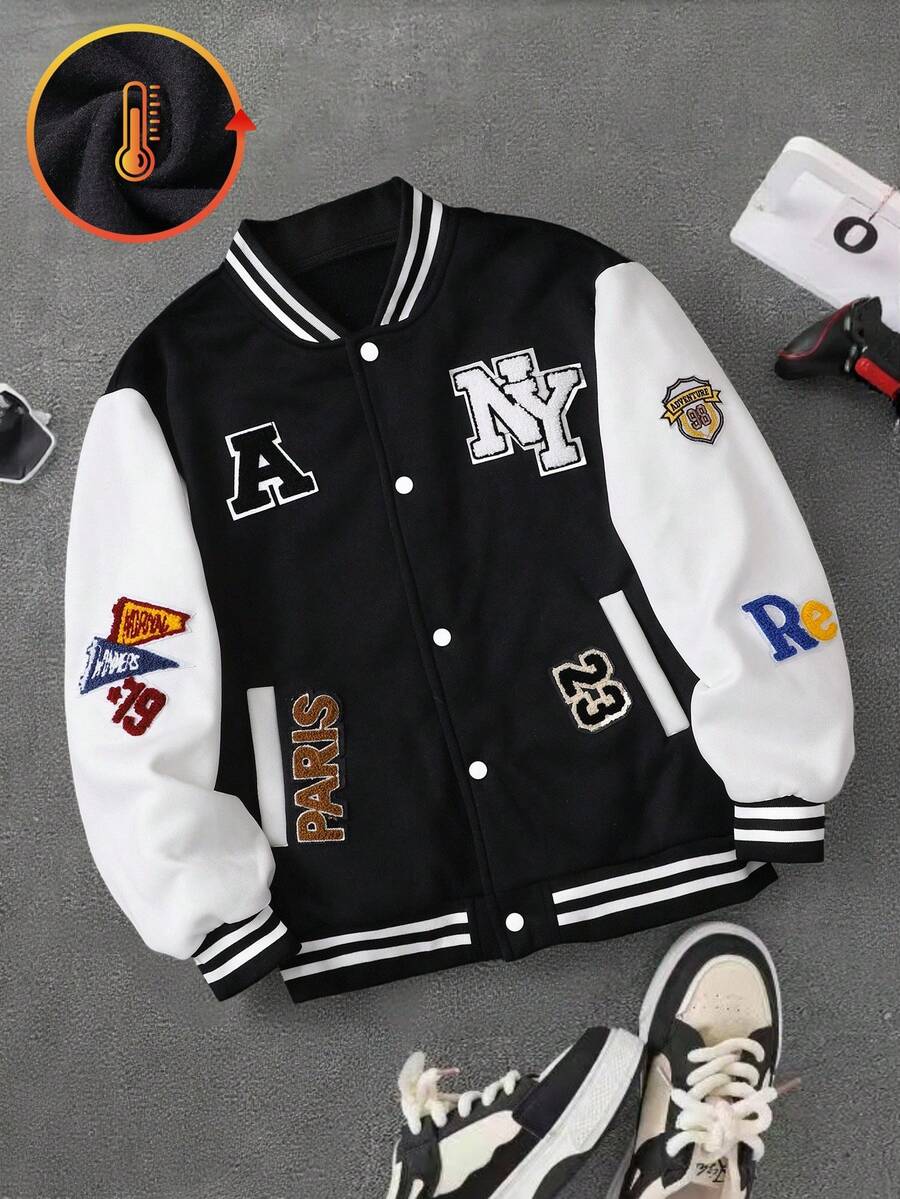SHEIN 青少年男孩時尚休閒拼色拼接字母刺繡抓絨夾克