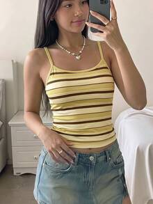 SHEIN 青少年女孩夏季新款條紋休閒簡約修身細肩帶背心上衣 - 黃色 - 查看 1