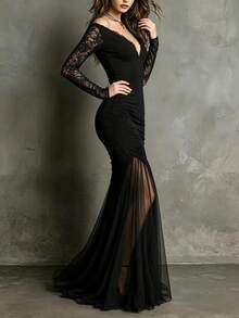 SHEIN Latest Women's Lace Mesh Patchwork Deep V-Neck Mermaid Dress, Made Of High Elasticity Slimming Fabric, V-Neck And Long Sleeves With Exquisite Lace Patchwork, Side Waist Ruched Design To Outline Body Curves, Hemline With See-Through Mesh Patchwork For Mermaid Effect, Creates A Sophisticated Atmosphere, Suitable For Dates, Parties, Evening Events And More - Black - View 6