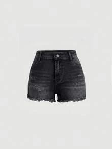 SHEIN Quần short denim mài rách phong cách thường ngày mùa hè cho thiếu nữ - màu đen - Xem 4