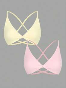 Eassivo Eassivo 2pcs Seamless Sports Yoga Solid Color Bra, Sexy Design, Gym Use, Adjustable Straps, Front Twist Design, Cross Back Design - Multicolor - View 2