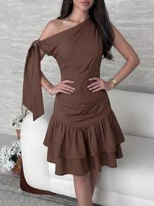 Modelyn Women's Solid Color Twist Shoulder Design Ruffle Hem Short Dress,Dresses For Women Summer - Burgundy - View 7