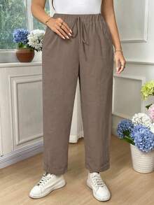 SHEIN EMERY ROSE CURVE Plus Size Women Cotton Fold Over Hem Solid Color Pockets Casual Pants Fall - Brown - View 5