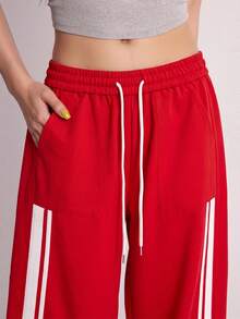 Rina Fox Women's Contrast Color Striped Drawstring Waist Long Pants - Red - View 7