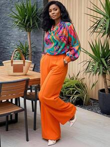 BrightlyHer Plus Size Women's Floral Print Long Sleeve Top Elastic Waist Pants Two Pieces Set Brunch 1920 Vintage Autumn Rainbow Burnt Orange - Multicolor - View 2
