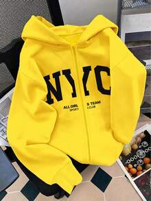 女童清新休閒極簡風 NYC 字母圖案基礎款連帽拉鍊運動外套 - 黑色 - 查看 3