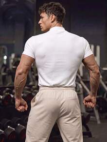 GymBeat 男士白色夏季運動休閒純色健身T恤，修身圓領運動上衣 - 白色 - 查看 2