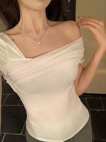 DAZY 女款韓式簡約精緻網紗拼接露肩上衣，夏季百搭時尚薄款外出上衣 - 白色 - 查看 2