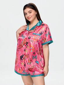 Bonmuse Young Vibrant Fun Tiger Butterfly Lightning Cat Wave Stripe Print Lapel Open Front Satin Plus Size Women's Pajama Set - Multicolor - View 5