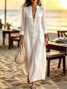 Breezaya Stand Collar Long Sleeve Front Button Side Pocket Long Dress, Solid Color Loose Fit Vacation Daily Casual Long Dress - White - View 1