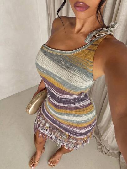 Glamine Women's Vacation One-Shoulder Beige Colorblock Tassel Hem Sexy Dress Club Night Out Vacation Summer