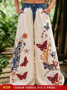 SHEIN LUNE CURVE Women's Plus Size Butterfly Print Long Pants, Casual Bottoms Fall - Multicolor - View 1