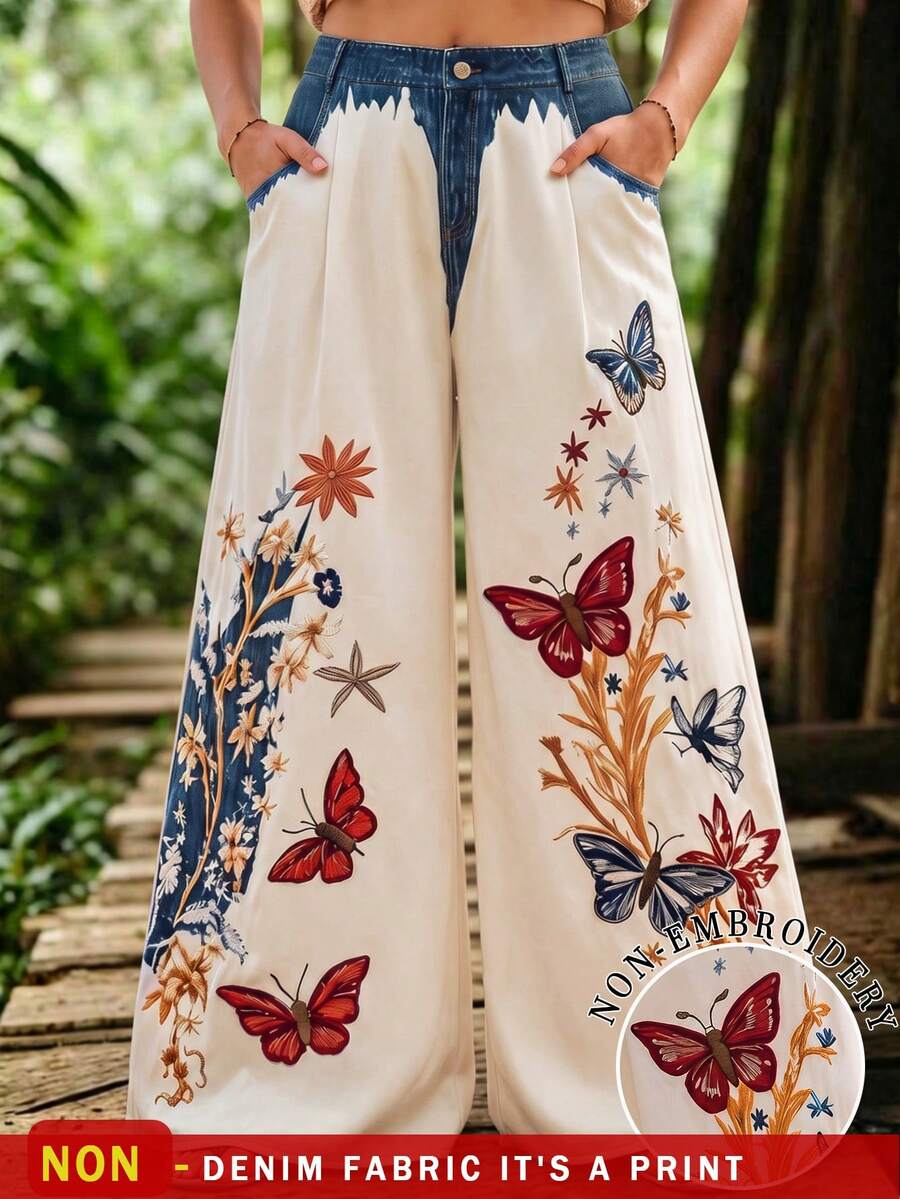 SHEIN LUNE CURVE Women's Plus Size Butterfly Print Long Pants, Casual Bottoms Fall - Multicolor - View 1