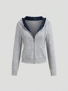 Sweetra Women's Spring/Autumn Short Polka Dot Patchwork Zip-Up Hooded Sweatshirt, Gray Slim Fit Casual Commuter Sweatshirt - Grey - View 1