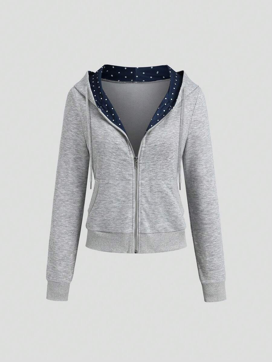 Sweetra Women's Spring/Autumn Short Polka Dot Patchwork Zip-Up Hooded Sweatshirt, Gray Slim Fit Casual Commuter Sweatshirt - Grey - View 1