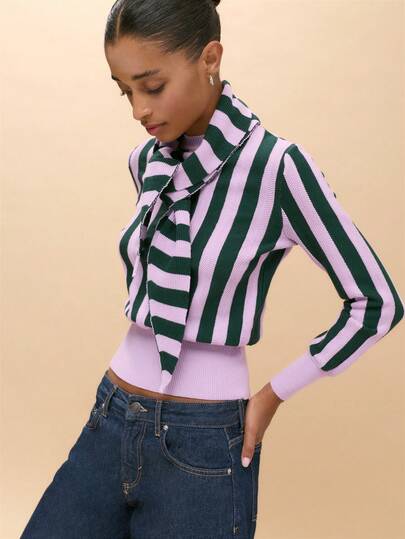 Nöista Mauve Green Striped Knit Sweater With Scarf Collar And Long Sleeves. Fall, Winter, Autumn, Casual, College, University, Office, Cozy Everyday Look.