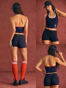 GLOWMODE FeatherFit™ PulsePlay Tank Top Halter Panjang Pinggang dengan Lis Kontras di Bagian Depan dan Grafis Angka, Cocok untuk Yoga, Studio Pilates, dan Aktivitas Kasual Sehari-hari. - Navy Blue - View 9