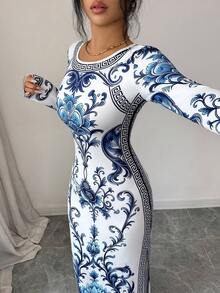SHEIN Elenzya Women's Blue And White Porcelain Print Fitted Long Sleeve Bodycon Slit Robe, Textured Vintage Style Middle Eastern UAE Abaya - Multicolor - View 5
