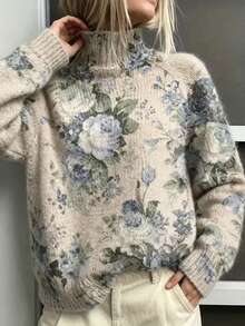 SHEIN Soft Watercolor Rose Print Knit Sweater, Light Blue Floral High Neck Loose Drop Shoulder Slimming Pullover - Apricot - View 3