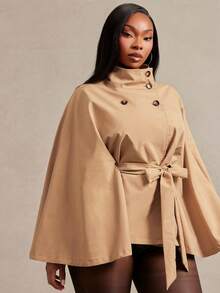 Radiana Plus Size Women's Autumn/Winter Versatile Black Tie-Waist Short Batwing Sleeve Cape Style Trench Coat Jacket Office Work Elegant Fall - Khaki - View 6