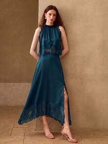 MOTF PREMIUM WOMEN'S 2 PIECES SET: LACE PATCHWORK TANK TOP & LACE PATCHWORK SKIRT - Teal Blue - View 6