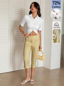 SHEIN Tall 女款條紋腰部鈕扣設計休閒七分褲 - 黃色 - 查看 5