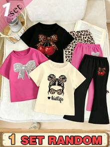 Blind Box Random Set, Spring/Summer/Autumn Girls Young Creative Personalized Leopard Print Cherry Bow Cartoon Character Graphic Glitter Bow Pattern Print Casual Basic Short T-Shirt And Flared Pants Set, Sets - Multicolor - View 3