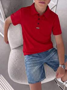 青少年男孩休閒寬鬆純色 Polo 衫與短褲 2 件套，短袖領口上衣，適合通勤、上學、日常休閒、外出、運動，春夏季適用 - 彩色 - 查看 2