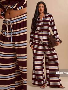 SHEIN BAE CURVE 大尺碼女款條紋休閒寬腿長褲 - 彩色 - 查看 7