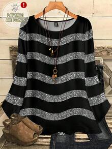 EMERY ROSE Plus Size Women Black Striped Autumn Shirt, Smart Casual Normal All-Over Print Round Neck Loose 3/4 Sleeve Tops, Night Out Club Flower Summer - Multicolor - View 3