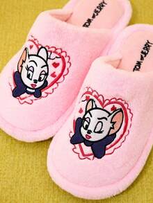 TOM & JERRY X Joivida 1雙粉色毛絨拖鞋，手工刺繡平底防滑室內鞋，適合女性，適合學生宿舍、冬季、辦公室地毯、居家使用，生日或週年紀念的甜蜜禮物 - 粉色 - 查看 4