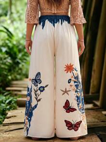 SHEIN LUNE CURVE Women's Plus Size Butterfly Print Long Pants, Casual Bottoms Fall - Multicolor - View 2