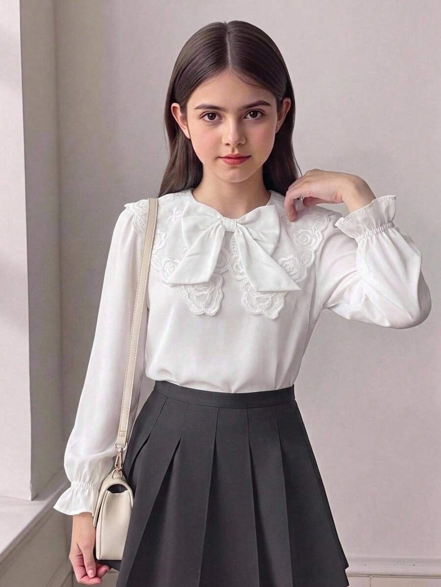 SHEIN 兒童青少年女孩秋冬休閒校園風領口拼接蕾絲飾邊刺繡長袖鈕扣白色襯衫,返校小學制服上衣 - 白色 - 查看 1