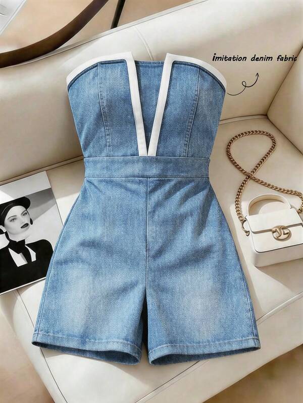 Franclia 2026 New Summer Style Women's Black And White Contrasting Color Tube Top Jumpsuit French V-Neck Waist Slimming Jumpsuit Hot Girl Style Strapless Backless Slim Jumpsuit Niche Design Contrasting Color Bud Waist Jumpsuit Large Size Fat Mm Flesh-Covering And Slimming Style Versatile Jumpsuit Hot Pants For Date Parties And Nights Out Pure Lust-Style Sexy One-Shoulder Jumpsuit Slimming Jumpsuit For Commuting And Casual Daily Wear