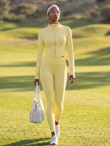 Zivah Women's Sportswear Set Zipper Long Sleeve Jacket & Long Pant With Pockets Gym Workout Activewear Outfit For Autumn Winter - Yellow - View 1
