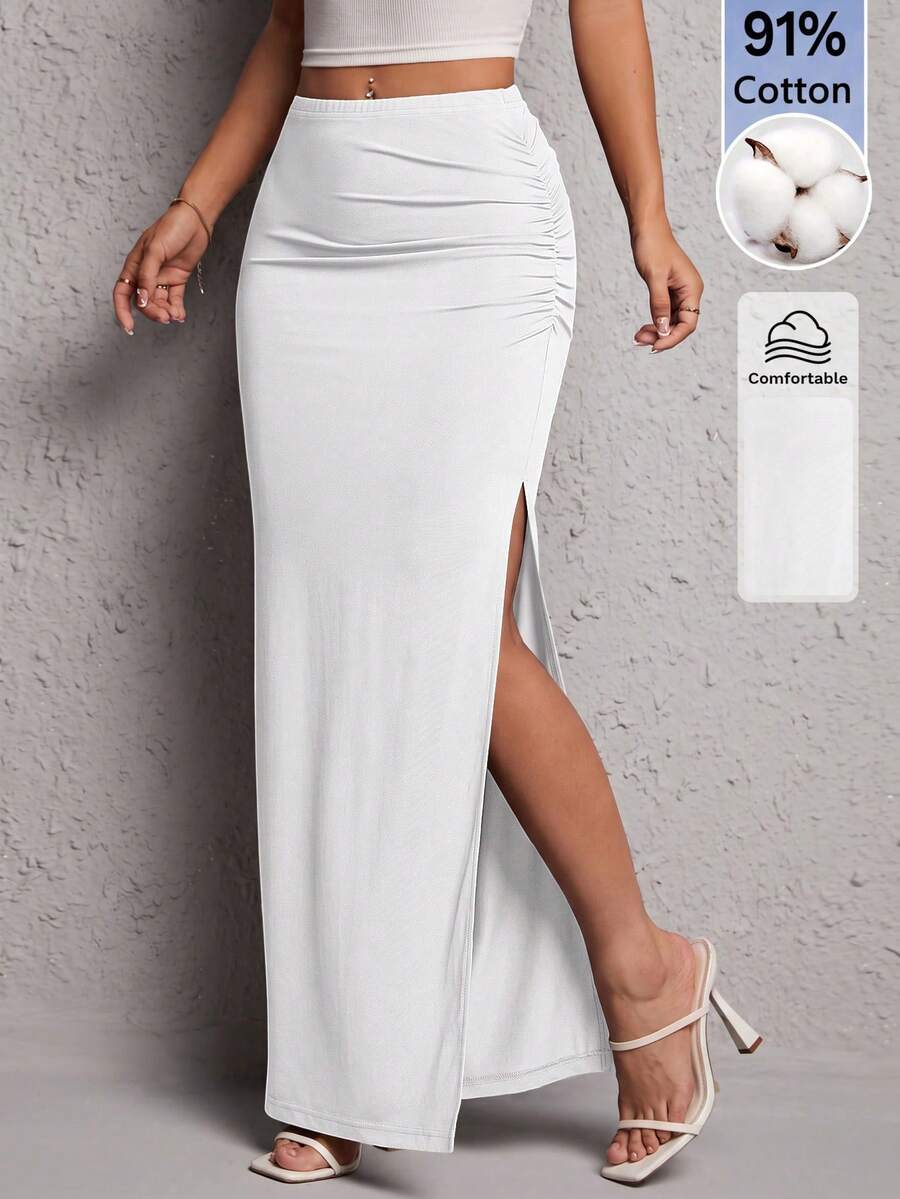 SHEIN PETITE Women's Solid Color Slit Design Casual Sexy Versatile Daily Wear Skirt Everyday Going Out White Summer - White - View 1