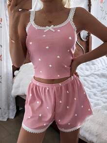 CottageSlumber Women's Pink Heart & Ribbed Lace Silk Camisole Shorts Pajama Set - Coral Pink - View 4